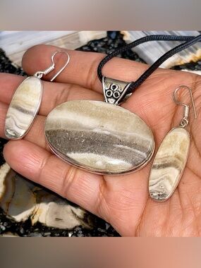 Zebra Calcite Pendant & Earrings Set